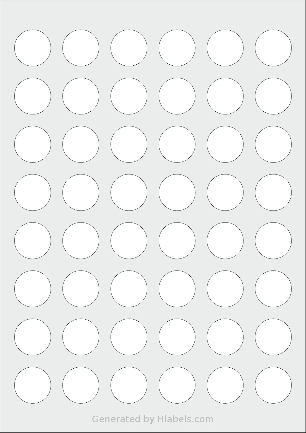 Avery® L4850REV template with 48 circle labels per sheet, each 25 millimeter in diameter, on A4-size adhesive blank label sheets.