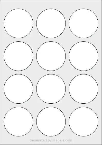 Avery® L7105 template with 12 circle labels per sheet, each 60 millimeter in diameter, on A4-size adhesive blank label sheets.