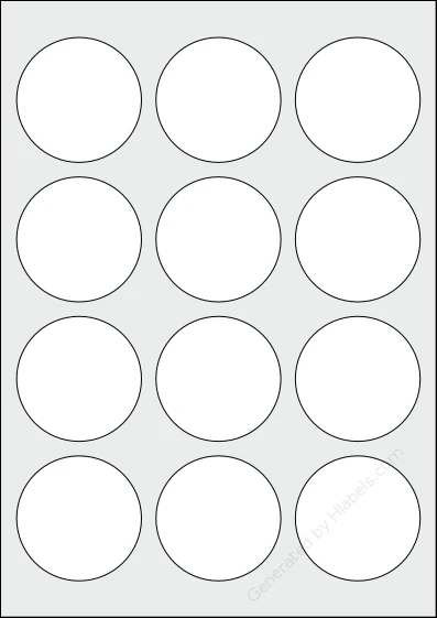 Avery® L7270 template with 12 circle labels per sheet, each 60 millimeter in diameter, on A4-size adhesive blank label sheets.