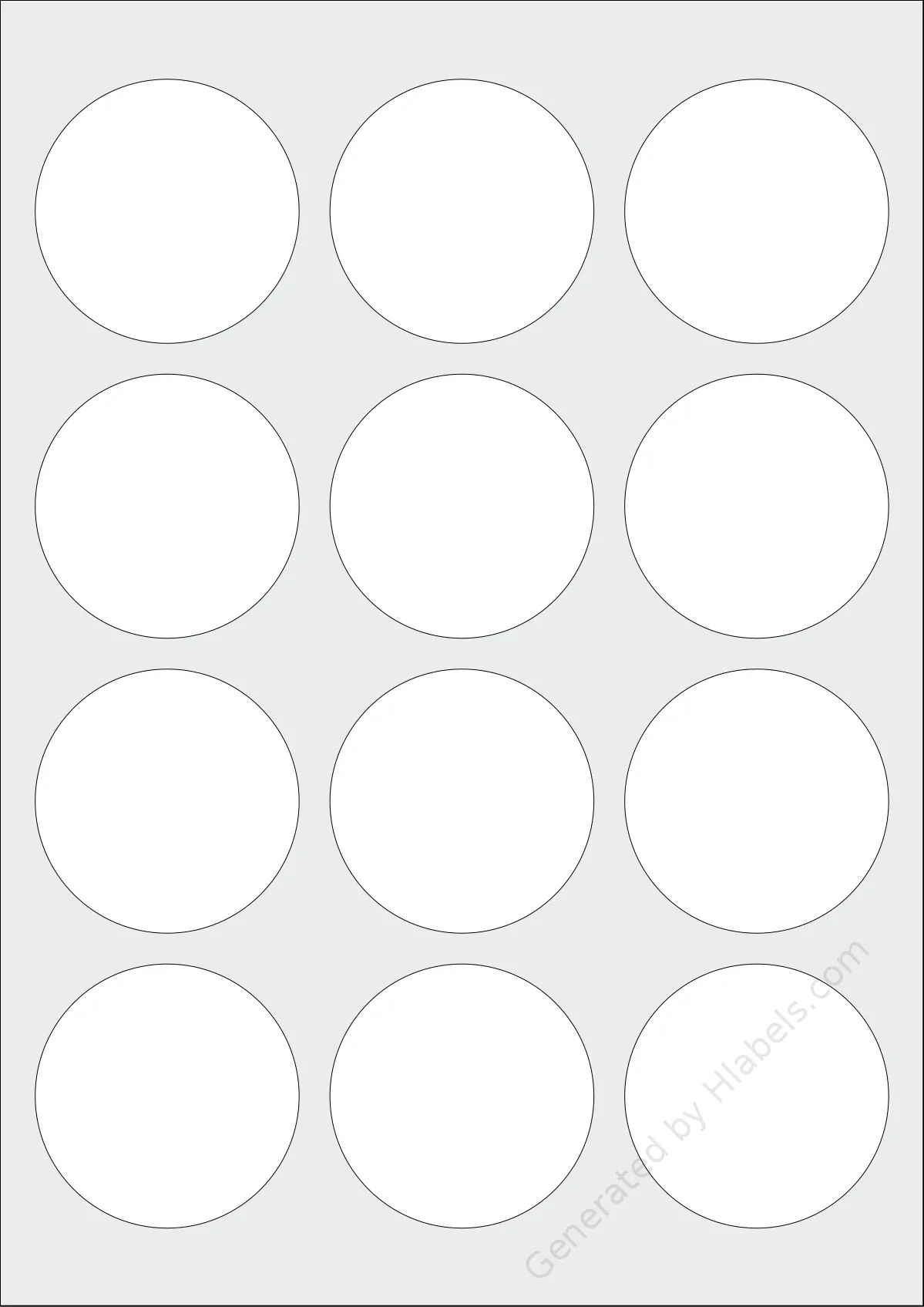 Avery® L7270 template with 12 circle labels per sheet, each 60 millimeter in diameter, on A4-size adhesive blank label sheets.