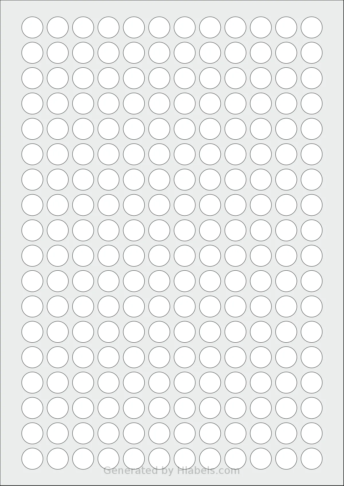 Flexilabels® FC216 template with 216 circle labels per sheet, each 13 millimeter in diameter, on A4-size adhesive blank label sheets.