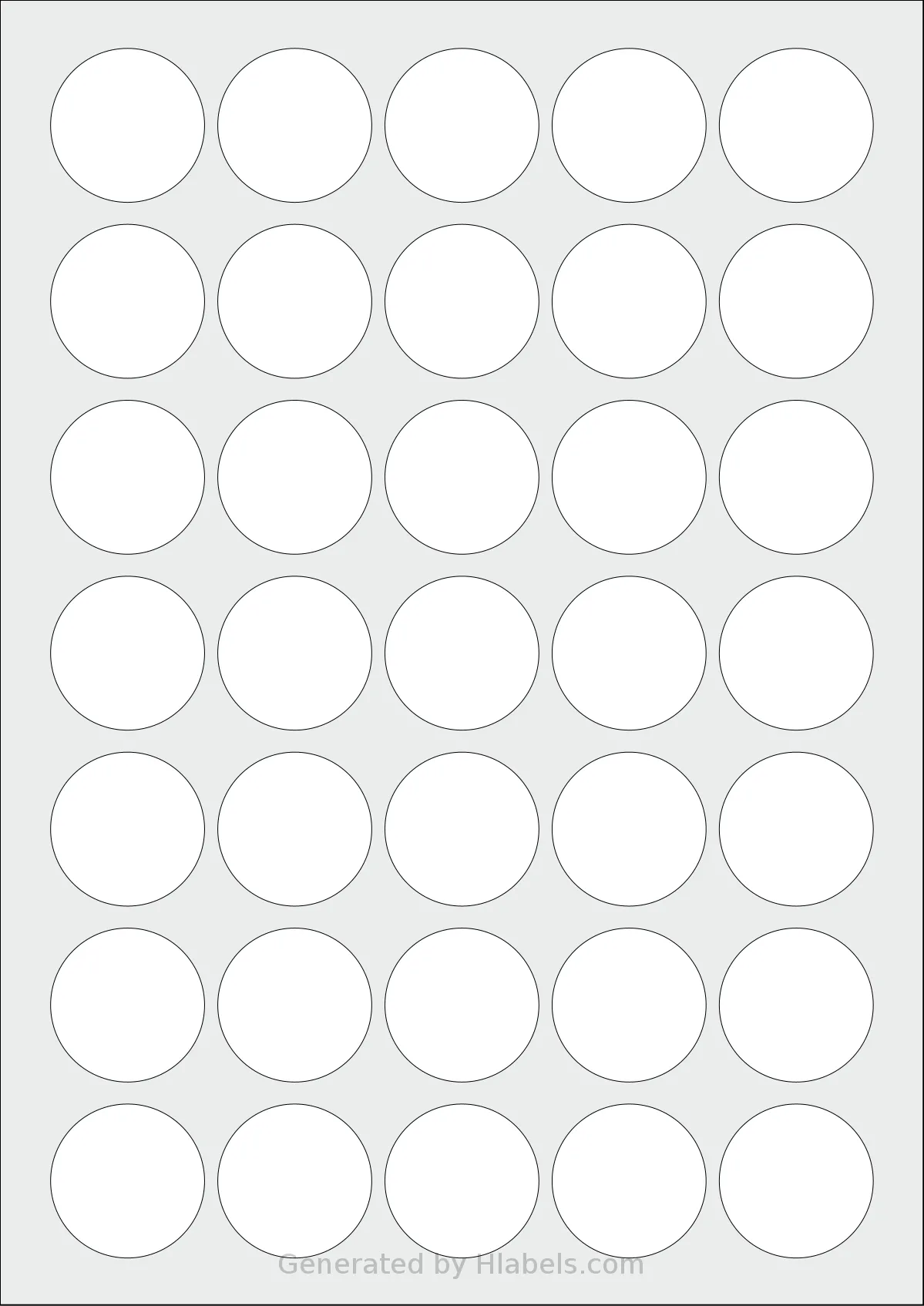 Flexilabels® FC35 template with 35 circle labels per sheet, each 35 millimeter in diameter, on A4-size adhesive blank label sheets.