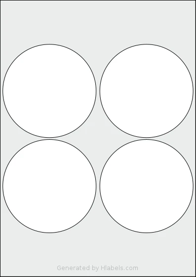 Flexilabels® FC4 template with 4 circle labels per sheet, each 100 millimeter in diameter, on A4-size adhesive blank label sheets.