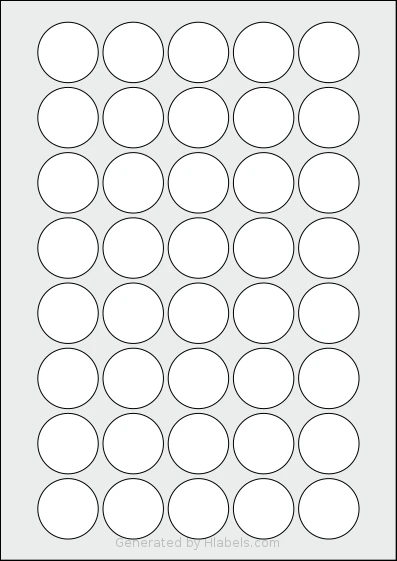 Flexilabels® FC40 template with 40 circle labels per sheet, each 32 millimeter in diameter, on A4-size adhesive blank label sheets.