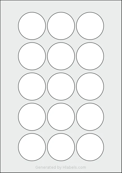 Flexilabels® FC47 template with 15 circle labels per sheet, each 47 millimeter in diameter, on A4-size adhesive blank label sheets.