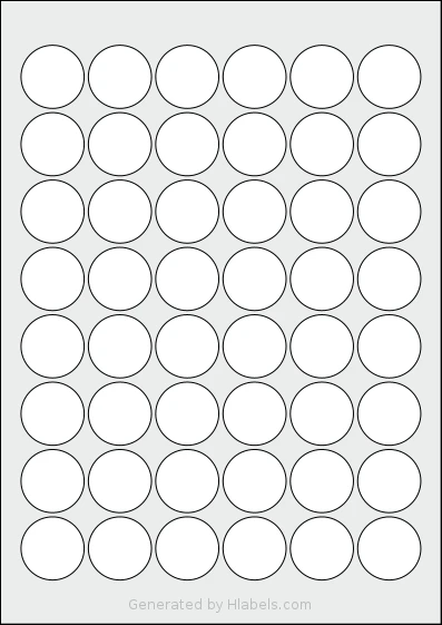 Flexilabels® FC48 template with 48 circle labels per sheet, each 30 millimeter in diameter, on A4-size adhesive blank label sheets.