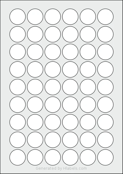 Flexilabels® FC54 template with 54 circle labels per sheet, each 27 millimeter in diameter, on A4-size adhesive blank label sheets.