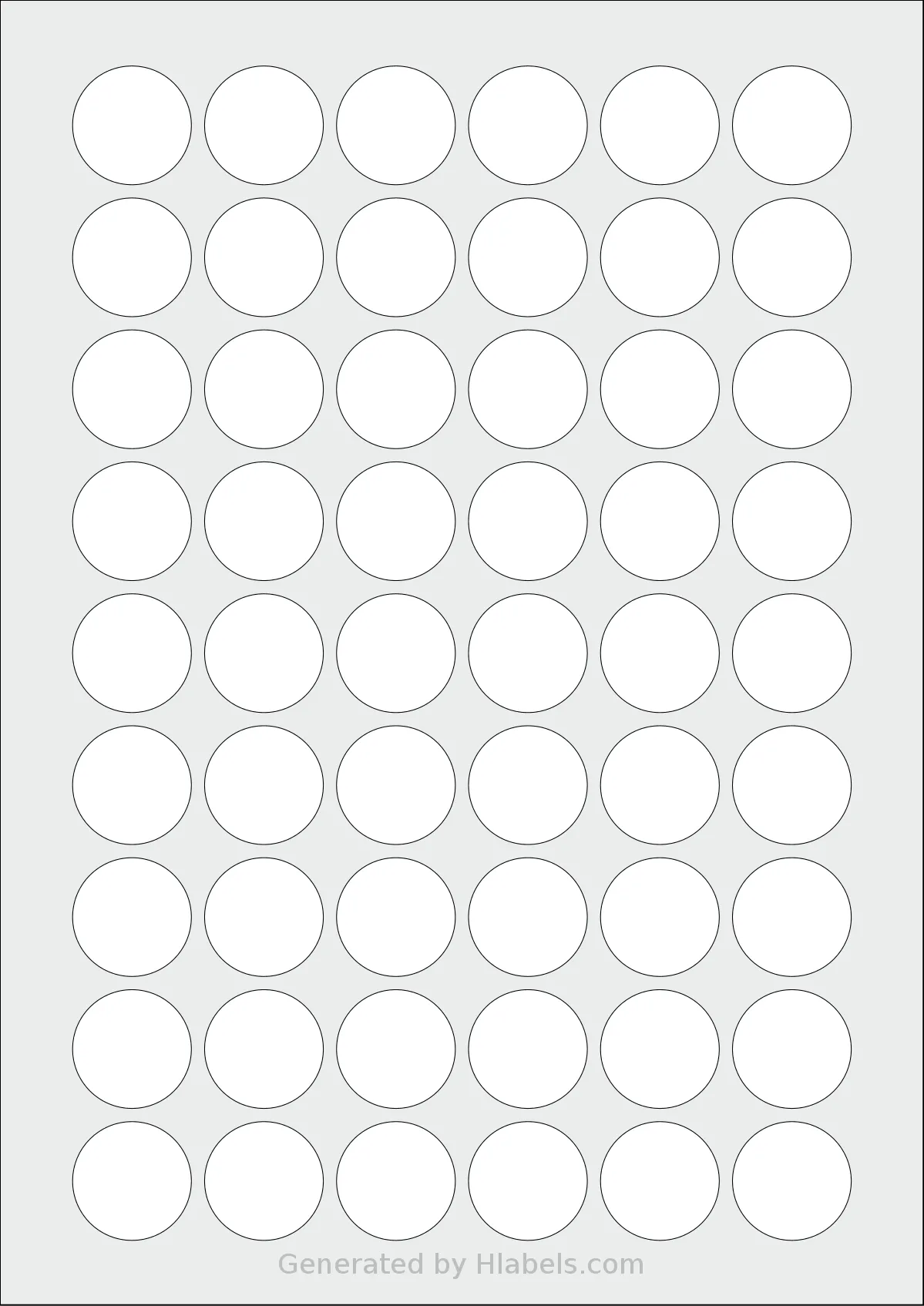 Flexilabels® FC54 template with 54 circle labels per sheet, each 27 millimeter in diameter, on A4-size adhesive blank label sheets.