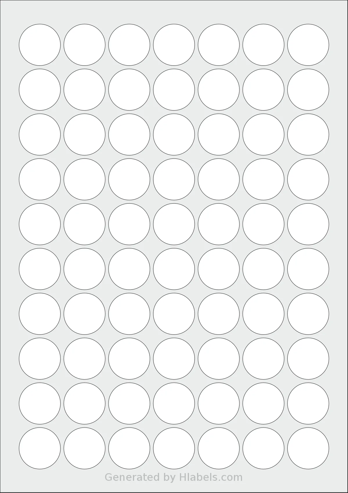 Flexilabels® FC70 template with 70 circle labels per sheet, each 25 millimeter in diameter, on A4-size adhesive blank label sheets.