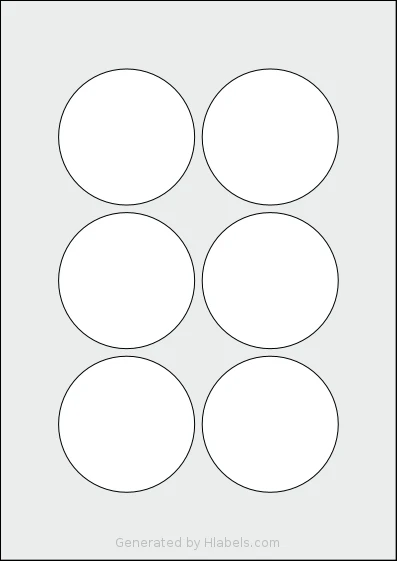 Flexilabels® FCB6 template with 6 circle labels per sheet, each 72 millimeter in diameter, on A4-size adhesive blank label sheets.