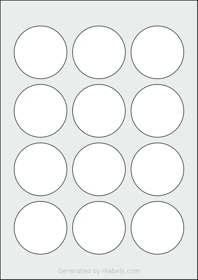 Flexilabels® FCC12 template with 12 circle labels per sheet, each 56 millimeter in diameter, on A4-size adhesive blank label sheets.