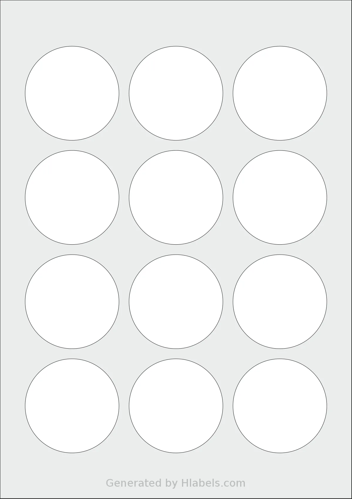 Flexilabels® FCC12 template with 12 circle labels per sheet, each 56 millimeter in diameter, on A4-size adhesive blank label sheets.