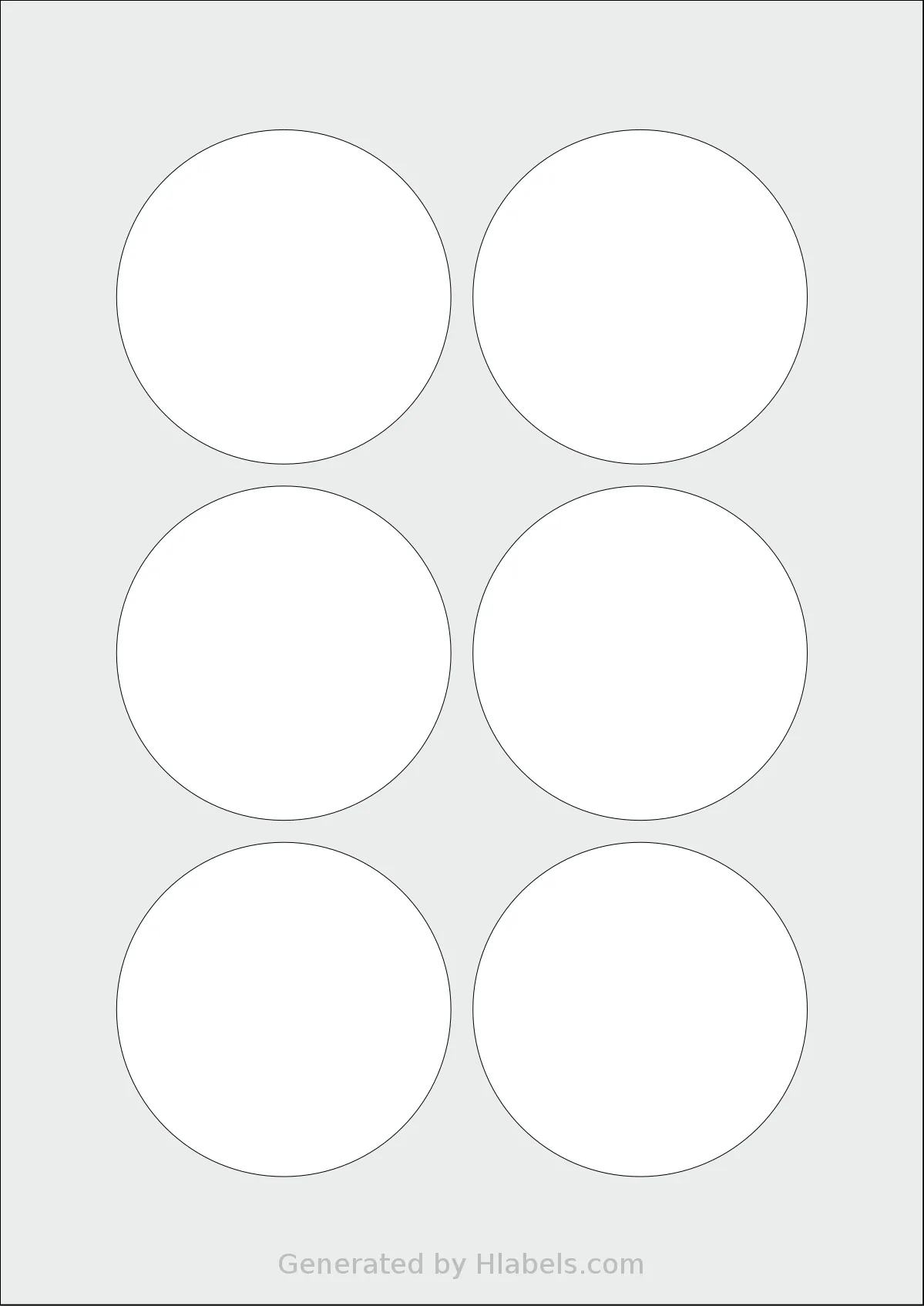 Flexilabels® FCC6 template with 6 circle labels per sheet, each 76 millimeter in diameter, on A4-size adhesive blank label sheets.