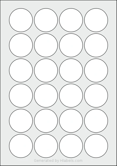 Flexilabels® FCE24 template with 24 circle labels per sheet, each 42 millimeter in diameter, on A4-size adhesive blank label sheets.