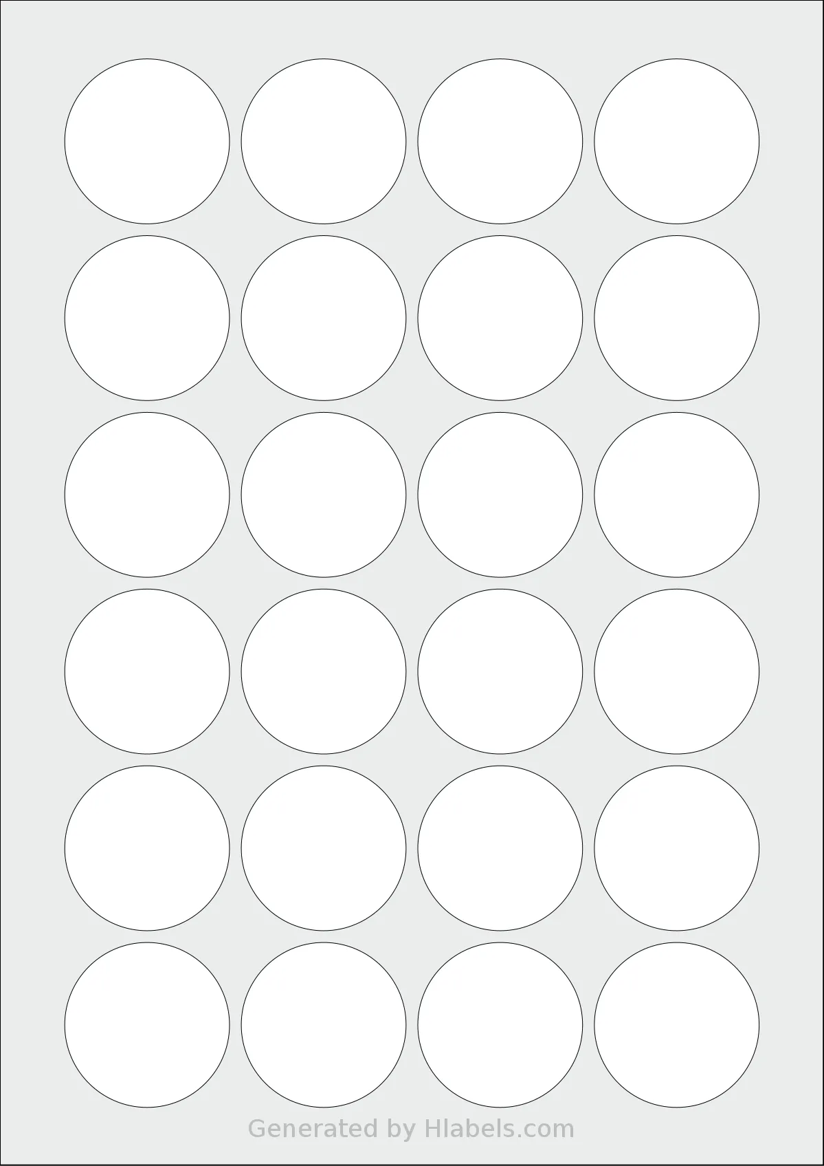 Flexilabels® FCE24 template with 24 circle labels per sheet, each 42 millimeter in diameter, on A4-size adhesive blank label sheets.