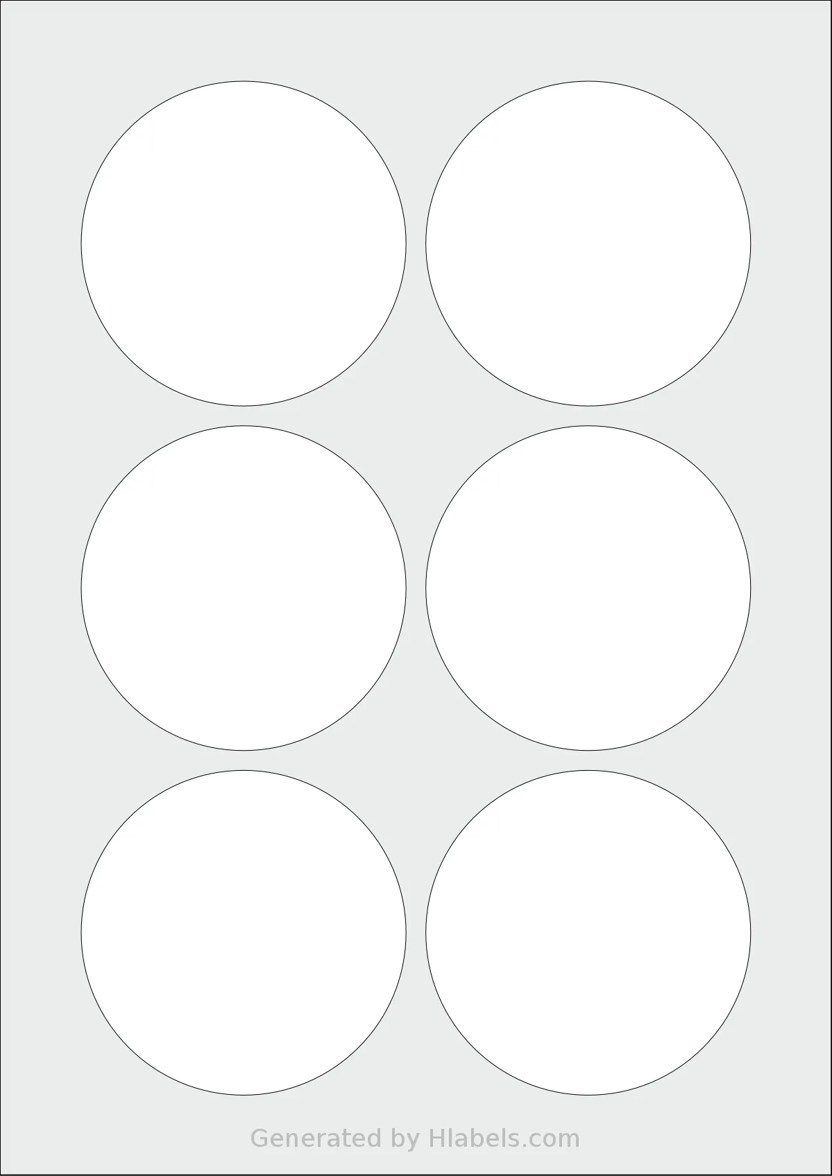 Flexilabels® FCE6 template with 6 circle labels per sheet, each 82 millimeter in diameter, on A4-size adhesive blank label sheets.