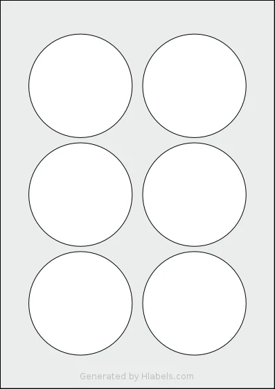 Flexilabels® FCF6 template with 6 circle labels per sheet, each 79 millimeter in diameter, on A4-size adhesive blank label sheets.