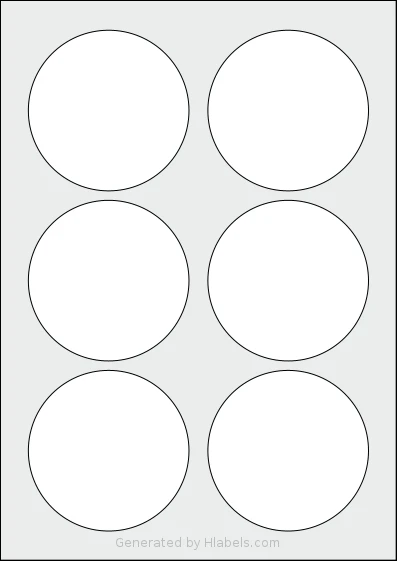 Flexilabels® FCG6 template with 6 circle labels per sheet, each 85 millimeter in diameter, on A4-size adhesive blank label sheets.