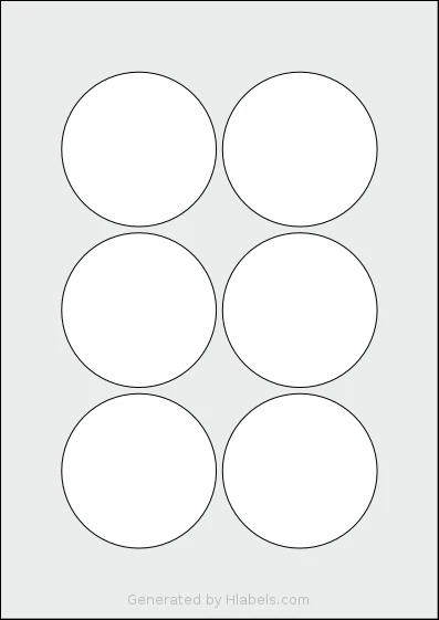 Flexilabels® FCH6 template with 6 circle labels per sheet, each 74 millimeter in diameter, on A4-size adhesive blank label sheets.