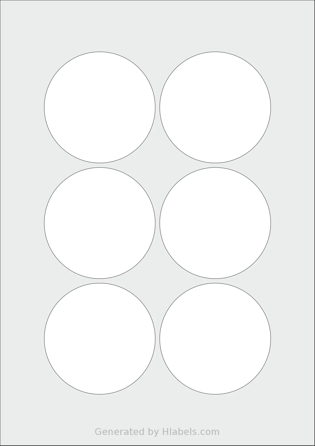 Flexilabels® FCH6 template with 6 circle labels per sheet, each 74 millimeter in diameter, on A4-size adhesive blank label sheets.