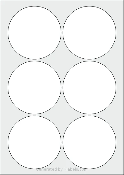 Flexilabels® FCL6 template with 6 circle labels per sheet, each 90 millimeter in diameter, on A4-size adhesive blank label sheets.
