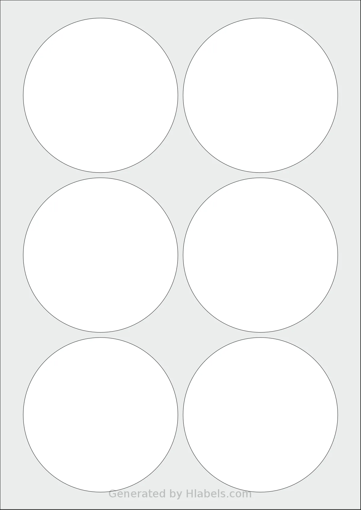 Flexilabels® FCL6 template with 6 circle labels per sheet, each 90 millimeter in diameter, on A4-size adhesive blank label sheets.