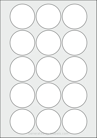 Flexilabels® FCN15 template with 15 circle labels per sheet, each 53.5 millimeter in diameter, on A4-size adhesive blank label sheets.