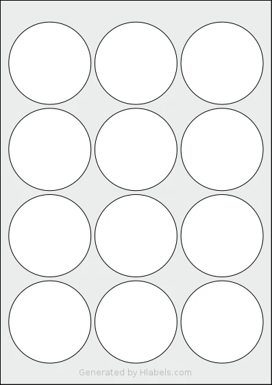 Flexilabels® FCX12 template with 12 circle labels per sheet, each 63.5 millimeter in diameter, on A4-size adhesive blank label sheets.