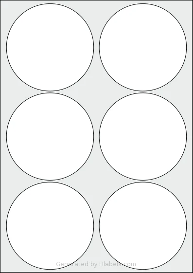 Flexilabels® FCX6 template with 6 circle labels per sheet, each 95 millimeter in diameter, on A4-size adhesive blank label sheets.