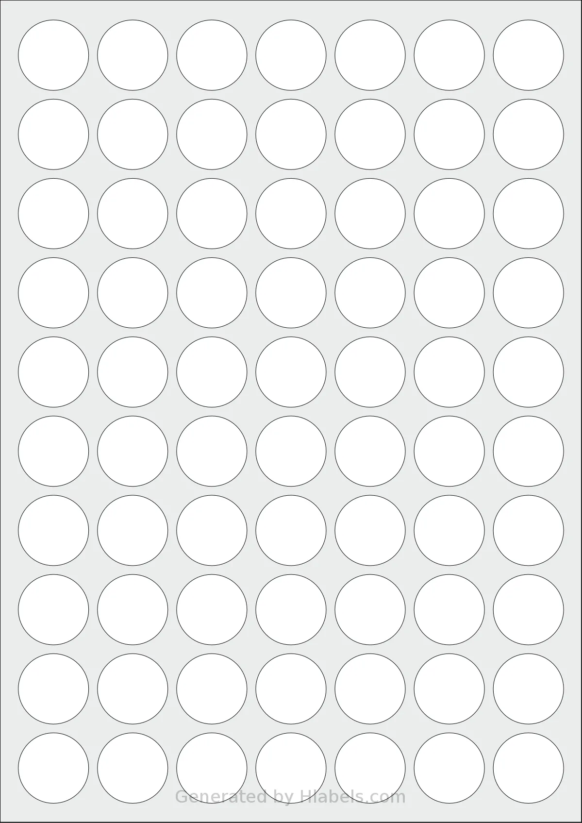 Flexilabels® FCX70 template with 70 circle labels per sheet, each 25.4 millimeter in diameter, on A4-size adhesive blank label sheets.