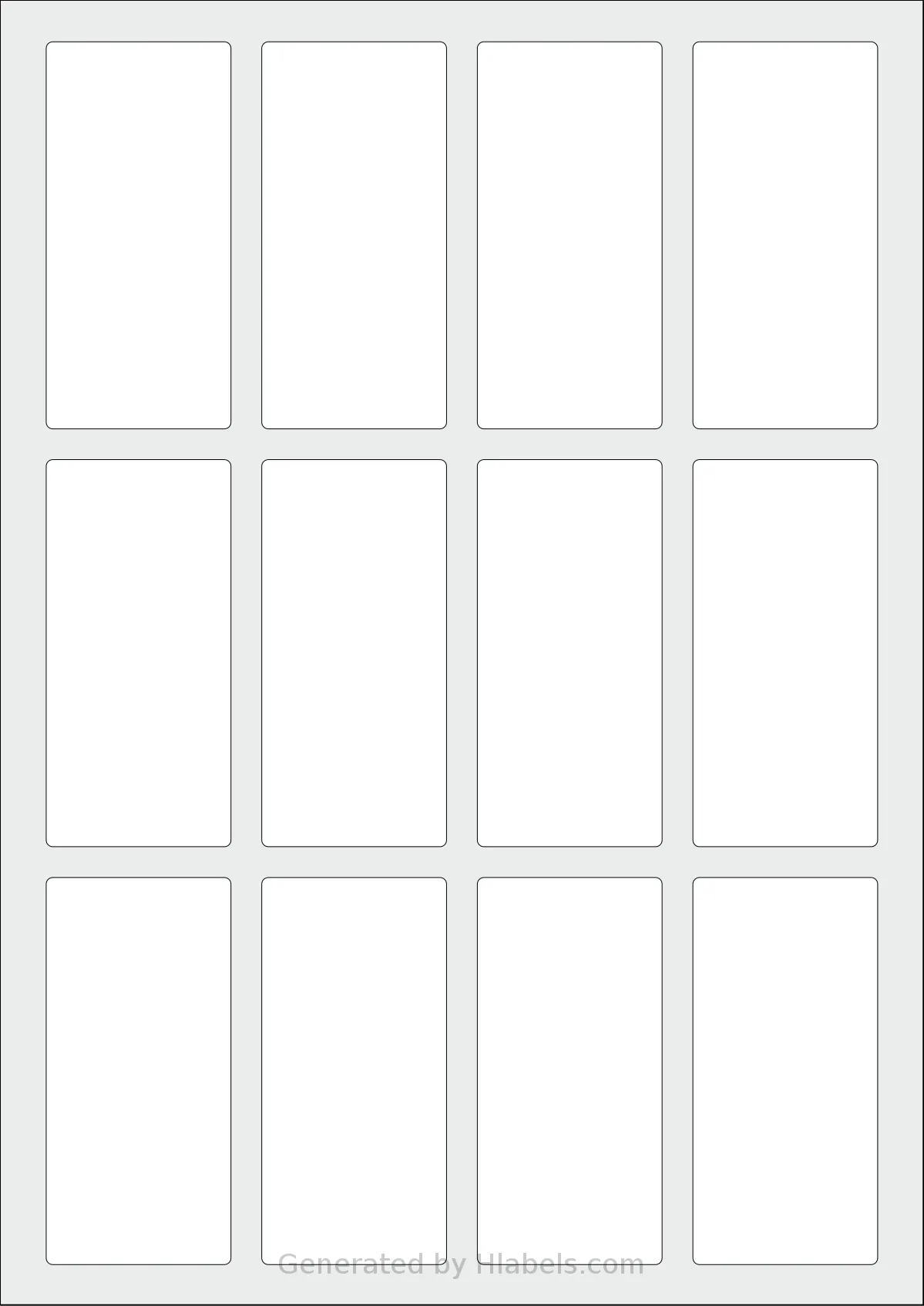 Flexilabels® FE12 template with 12 rectangular 42 x 88 millimeter labels per sheet, on A4-size adhesive blank label sheets.