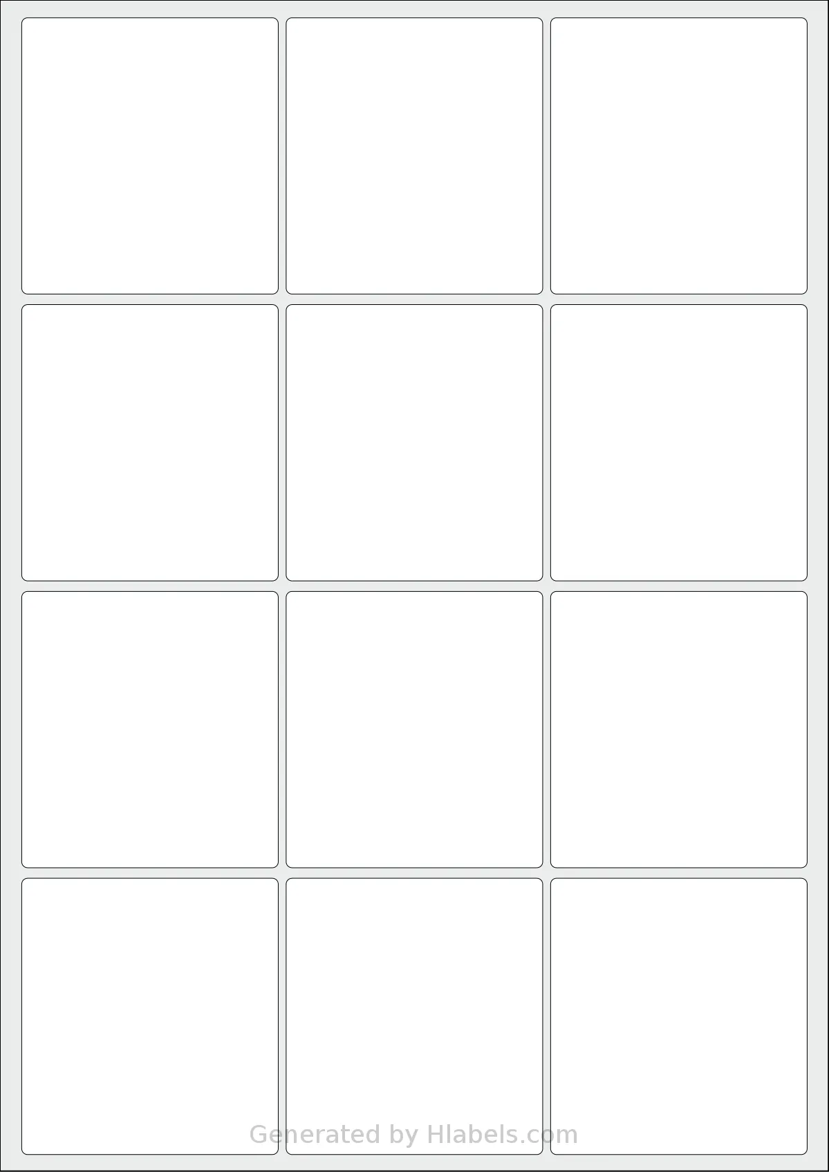 Flexilabels® FH12 template with 12 rectangular 65 x 70 millimeter labels per sheet, on A4-size adhesive blank label sheets.