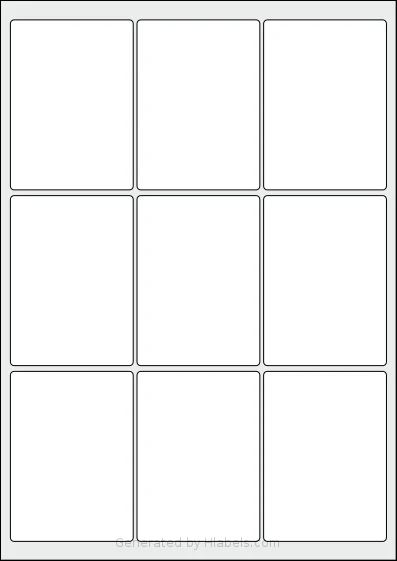 Flexilabels® FK9 template with 9 rectangular 65 x 90 millimeter labels per sheet, on A4-size adhesive blank label sheets.