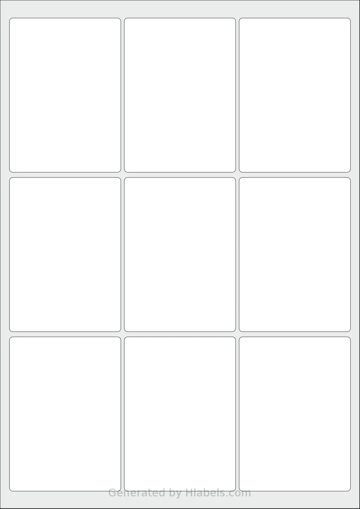 Flexilabels® FK9 template with 9 rectangular 65 x 90 millimeter labels per sheet, on A4-size adhesive blank label sheets.
