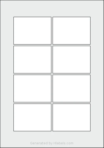 Flexilabels® FLK8 template with 8 rectangular 76 x 55 millimeter labels per sheet, on A4-size adhesive blank label sheets.