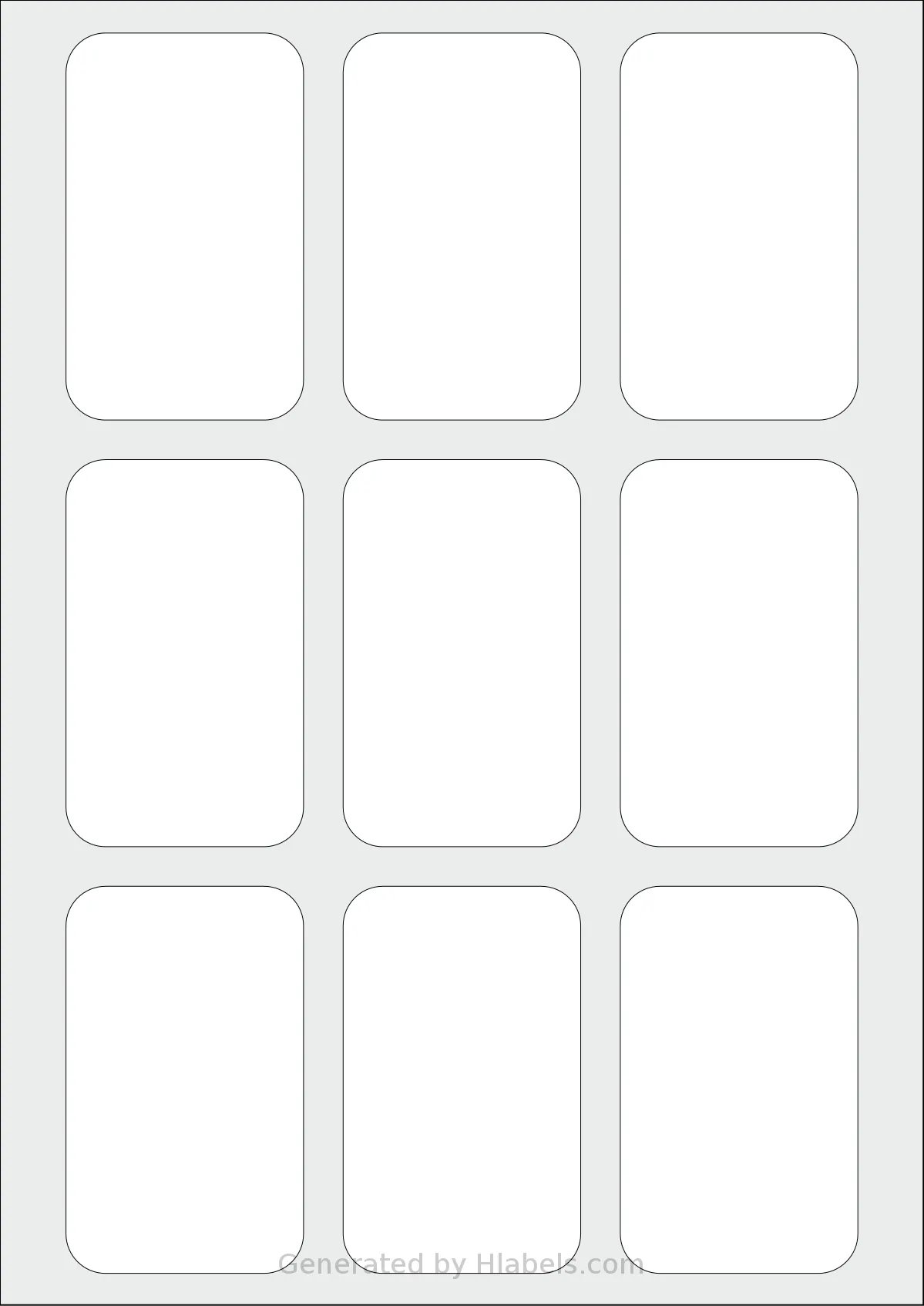 Flexilabels® FN9 template with 9 rectangular 54 x 88 millimeter labels per sheet, on A4-size adhesive blank label sheets.