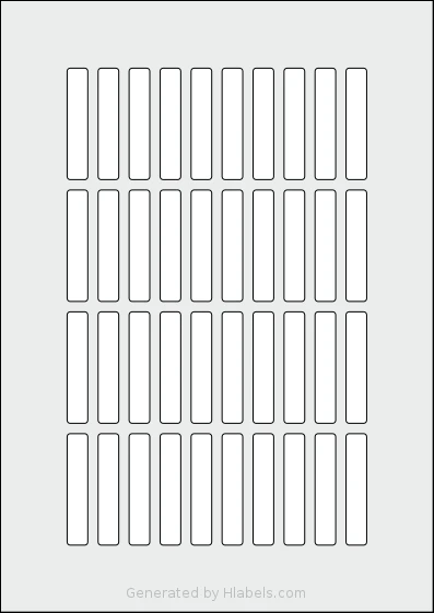 Flexilabels® FP40 template with 40 rectangular 10 x 54 millimeter labels per sheet, on A4-size adhesive blank label sheets.