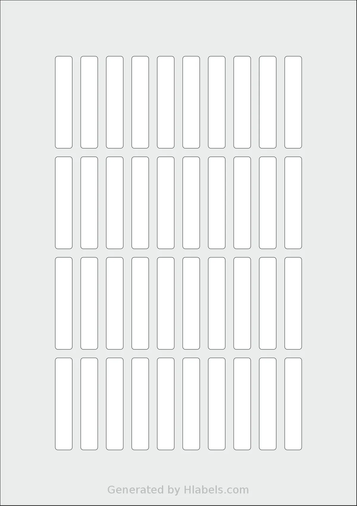 Flexilabels® FP40 template with 40 rectangular 10 x 54 millimeter labels per sheet, on A4-size adhesive blank label sheets.