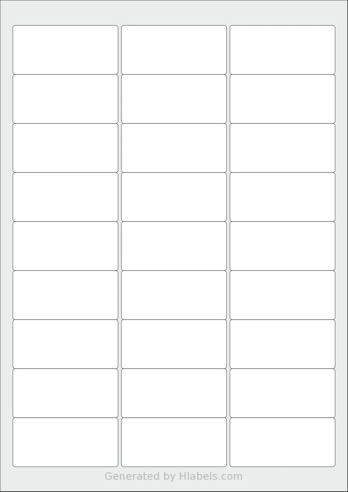 Flexilabels® FR27 template with 27 rectangular 63.5 x 29.6 millimeter labels per sheet, on A4-size adhesive blank label sheets.