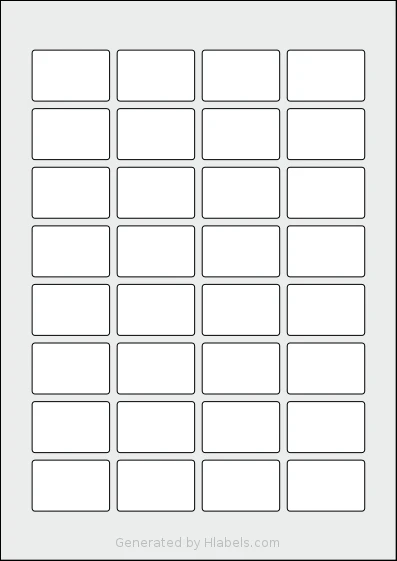 Flexilabels® FR32 template with 32 rectangular 41 x 27 millimeter labels per sheet, on A4-size adhesive blank label sheets.