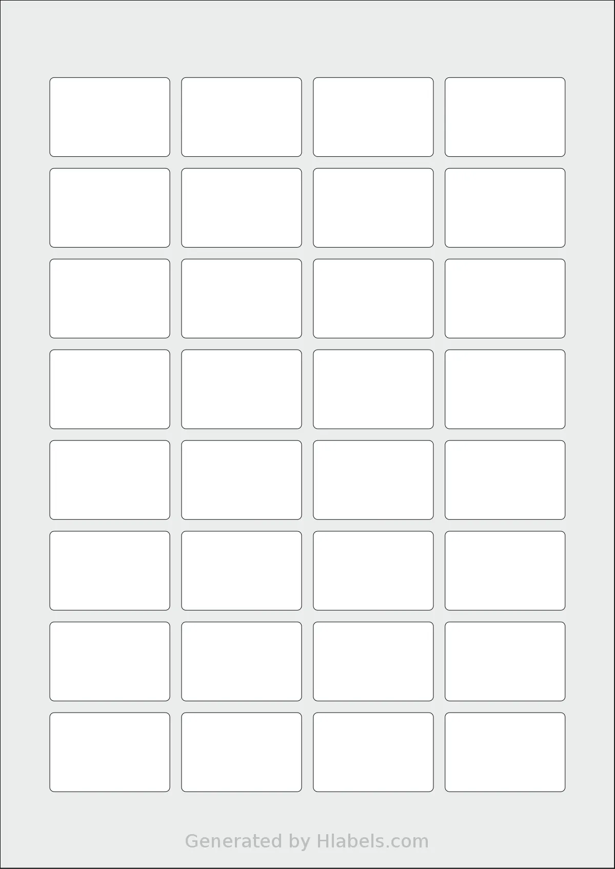 Flexilabels® FR32 template with 32 rectangular 41 x 27 millimeter labels per sheet, on A4-size adhesive blank label sheets.