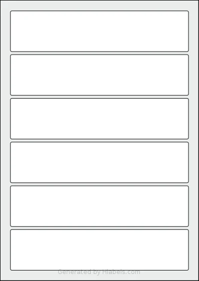 Flexilabels® FRDN6 template with 6 rectangular 188 x 43 millimeter labels per sheet, on A4-size adhesive blank label sheets.