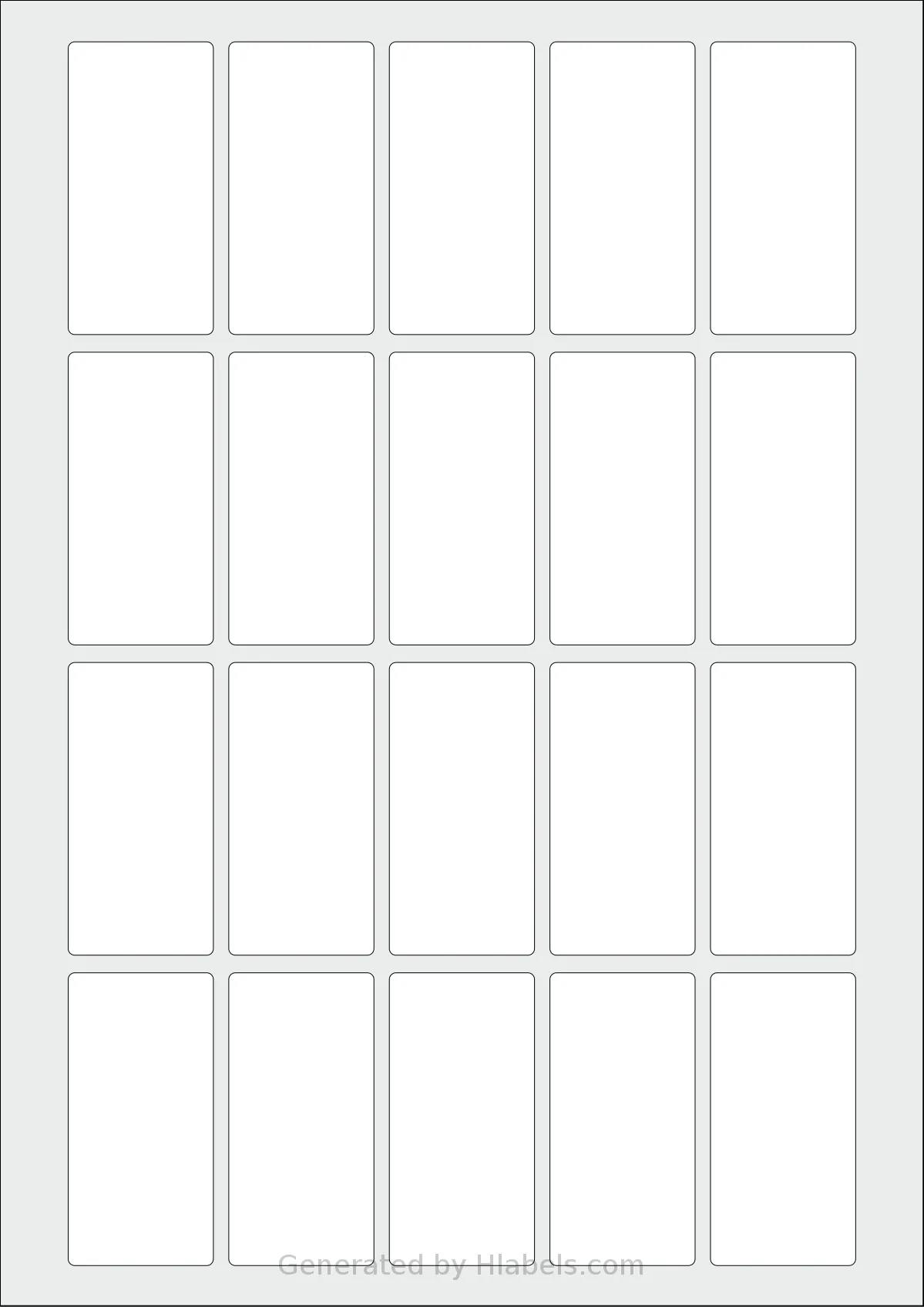 Flexilabels® FRK20 template with 20 rectangular 33 x 66.5 millimeter labels per sheet, on A4-size adhesive blank label sheets.