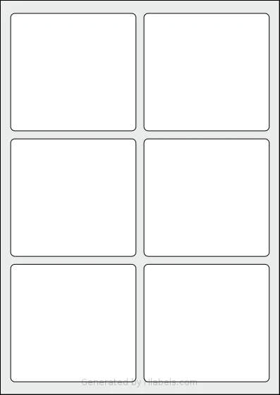 Flexilabels® FRQ6 template with 6 rectangular 94 x 88.3 millimeter labels per sheet, on A4-size adhesive blank label sheets.