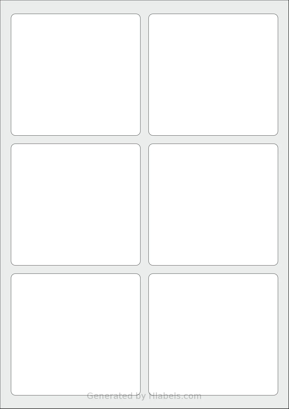 Flexilabels® FRQ6 template with 6 rectangular 94 x 88.3 millimeter labels per sheet, on A4-size adhesive blank label sheets.