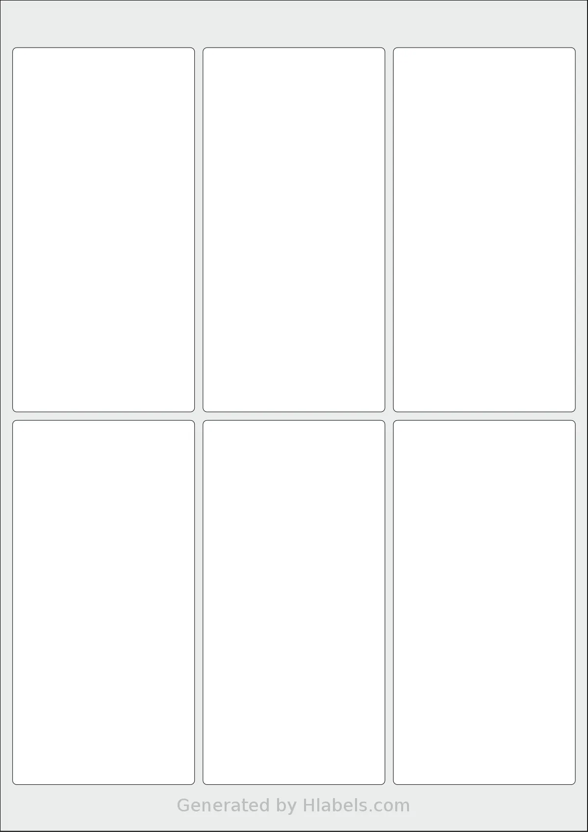 Flexilabels® FRS6 template with 6 rectangular 65 x 130 millimeter labels per sheet, on A4-size adhesive blank label sheets.