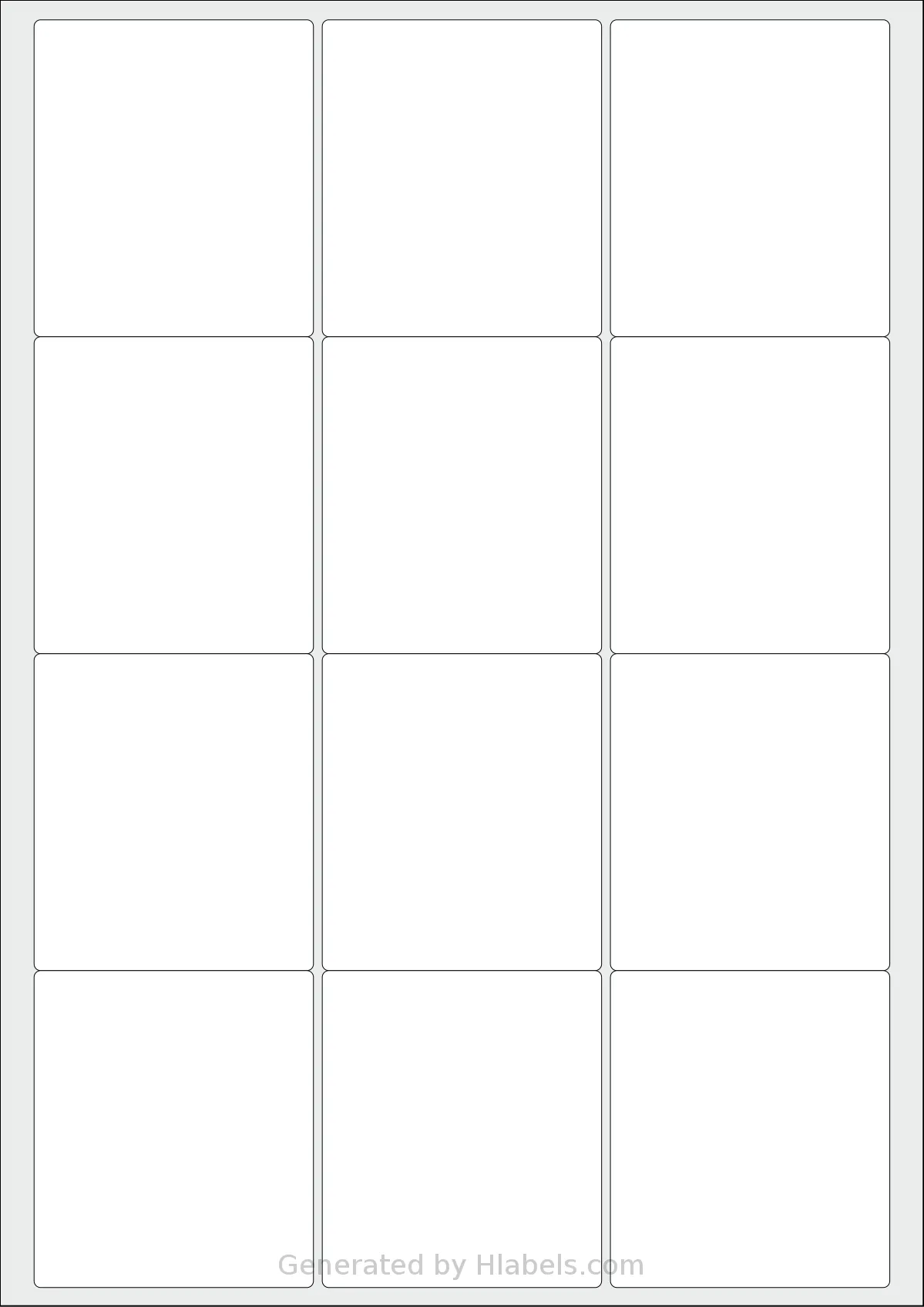 Flexilabels® FS12 template with 12 rectangular 63.5 x 72 millimeter labels per sheet, on A4-size adhesive blank label sheets.