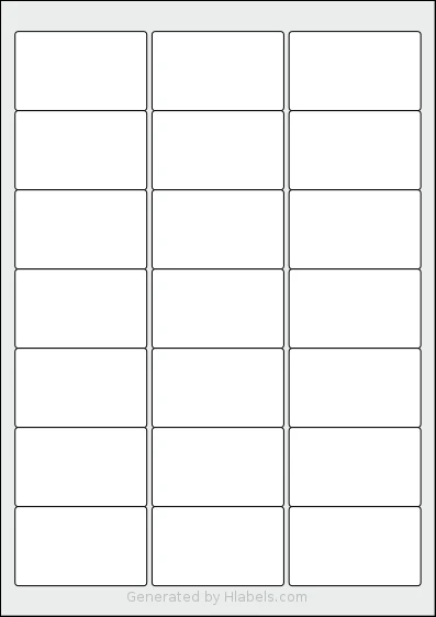Flexilabels® FS21 template with 21 rectangular 63.5 x 38.1 millimeter labels per sheet, on A4-size adhesive blank label sheets.