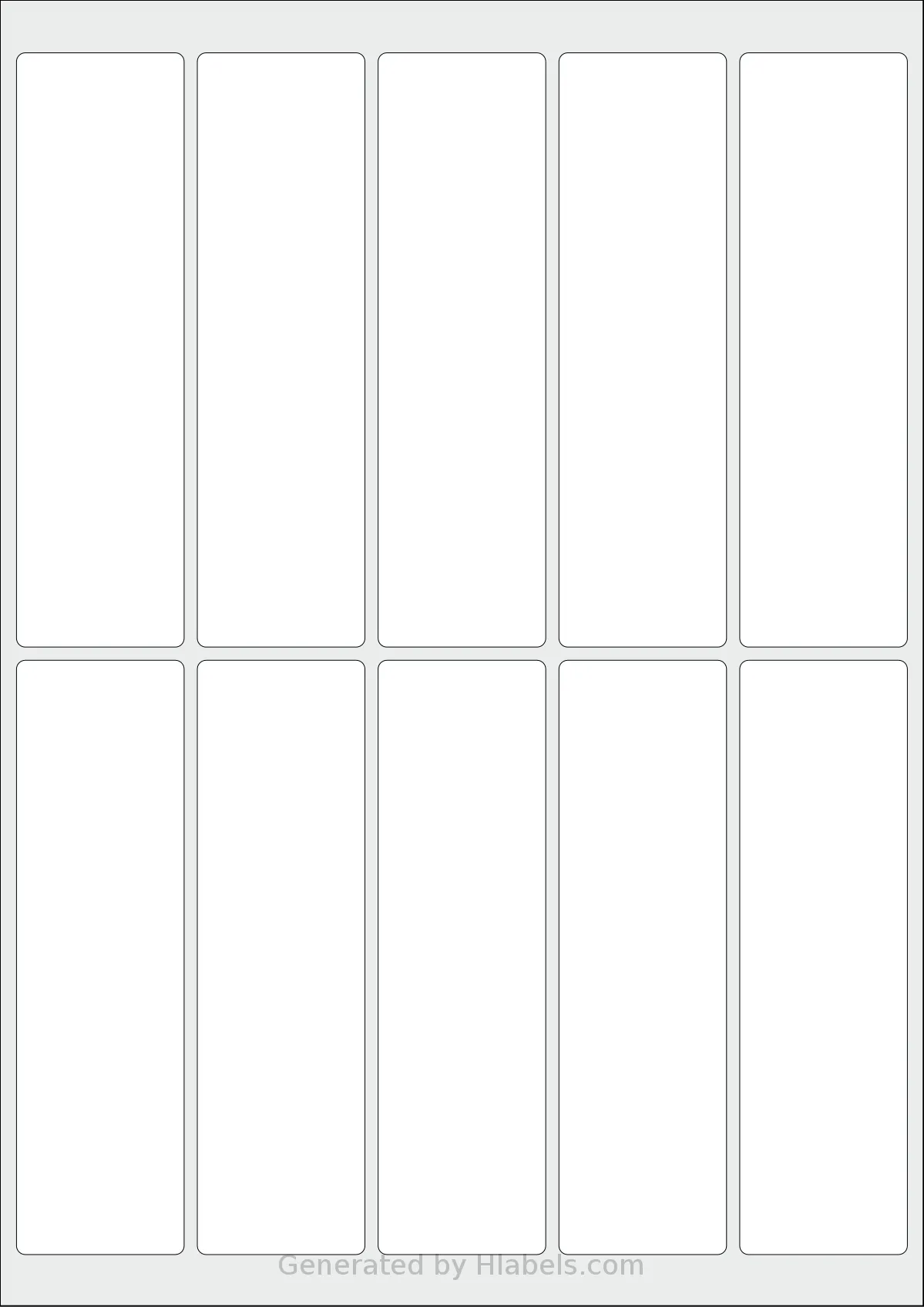 Flexilabels® FTS10 template with 10 rectangular 38.1 x 135 millimeter labels per sheet, on A4-size adhesive blank label sheets.
