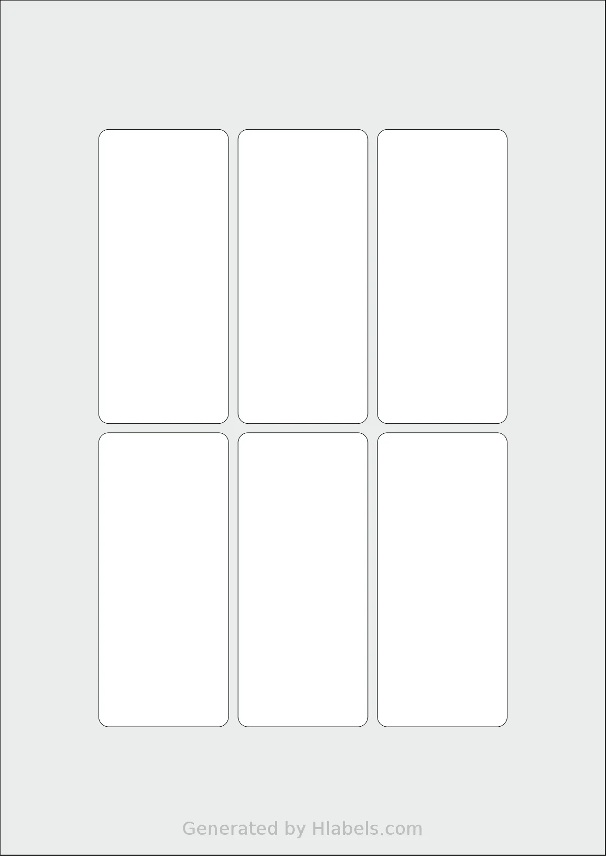 Flexilabels® FXL6 template with 6 rectangular 45 x 102 millimeter labels per sheet, on A4-size adhesive blank label sheets.